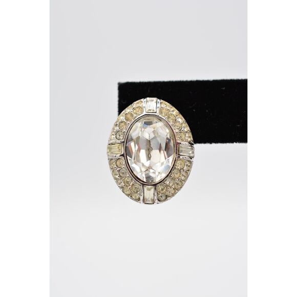 Givenchy Crystal Clip Earrings Baguette Rhinestone Oval Silver Tone Signed 9D - Picture 6 of 12